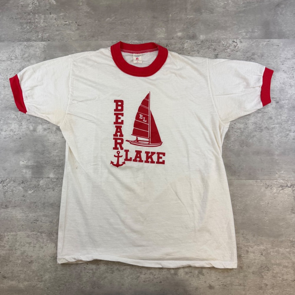 Vintage Soffe Athletic Bear Lake Ringer T-Shirt White Red Single Stitch Large